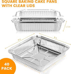 40 Pack 8x8 Inch Aluminum Pans with Clear Plastic Lids - Square Baking Cake Pans - Foil Pans with Lids - Disposable Food Containers Great for Cooking, Heating, Storing, Prepping Food