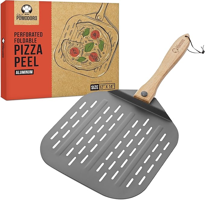 Chef Pomodoro Perforated Aluminum Metal Pizza Peel with Foldable Wood Handle for Easy Storage, Premium Pizza Paddle with Holes for Baking Homemade Pizza and Artisan Breads (12 inch)