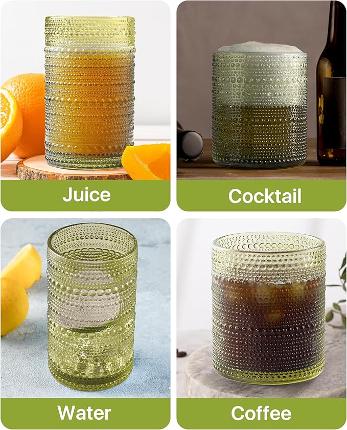 Hobnail Drinking Glasses Set of 12 Count, Vintage Glassware, Old Fashioned Glasses, 6 Highball Bubble Drinking Cups 14.5 oz, 6 Rocks Cups 10 oz with 6 Silicone Coasters, Green