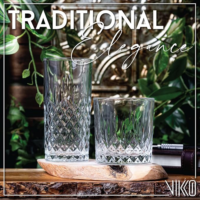 Vikko Rock and Tumbler Set, 8 Piece Set of Elegant Glasses, 4 Tall 12.25 Ounce Glasses and 4 Short 11.25 ounce Whiskey Glasses
