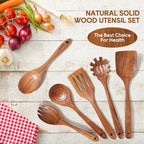 Wooden Spoons for Cooking, 6PCS Teak Wood Cookware Utensil Set with Hooks - Smooth Finish, Non-Stick, Comfortable Grip, Heat Resistant Kitchen Utensils