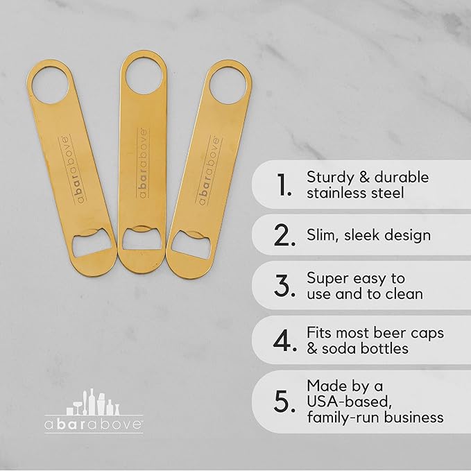 A Bar Above Bottle Opener, Bartender Tool, Flat Bar Blade Opener, Heavy Stainless Steel Beer Cap Lifter With Thumb Hole, Dishwasher Safe Rust Resistant, Bartender Accessories, Multi-Color, Pack of 3