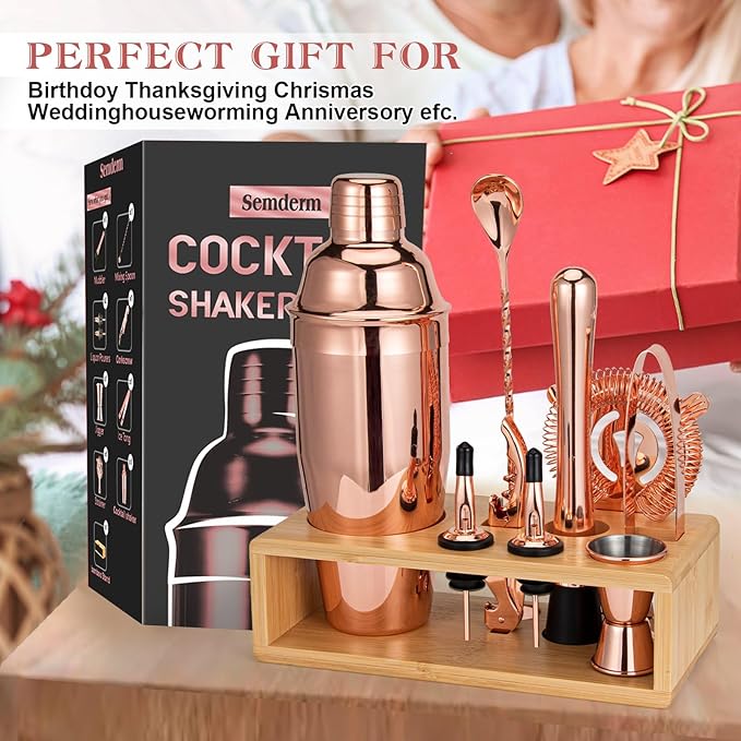 Rose Gold Cocktail Shaker Set, Premium 18/8 Stainless Steel Mixology Bartender Kit with Stylish Bamboo Stand 10-Piece Bar Tools & Accessories for Home Decor - Gift for Women, Mom, Wedding