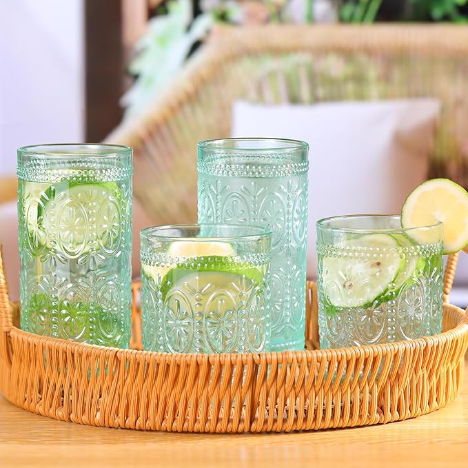 Green Glassware Set of 4, Vintage Drinking Glasses, Colored Glassware Drinking, Highball Embossed Beverage Glasses Cup for Party Wedding Home Office and Gift (2pcs12oz+2pcs10oz）