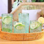 Green Glassware Set of 4, Vintage Drinking Glasses, Colored Glassware Drinking, Highball Embossed Beverage Glasses Cup for Party Wedding Home Office and Gift (2pcs12oz+2pcs10oz）