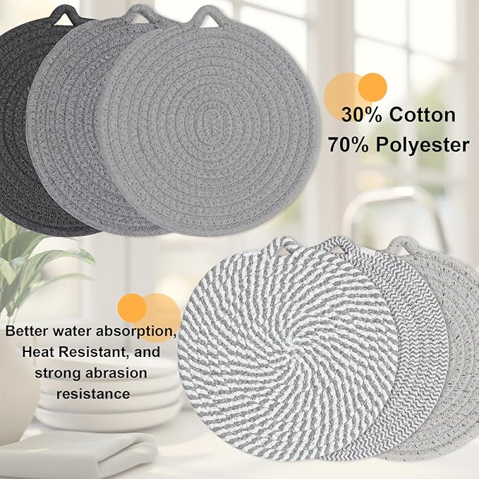 8" Trivets for Hot Dishes, 6 Pack Hot Pads for Kitchen Counter & Dining Table, Heat Resistant | Scratches | Stains Cotton Trivets for Hot Pots and Pans