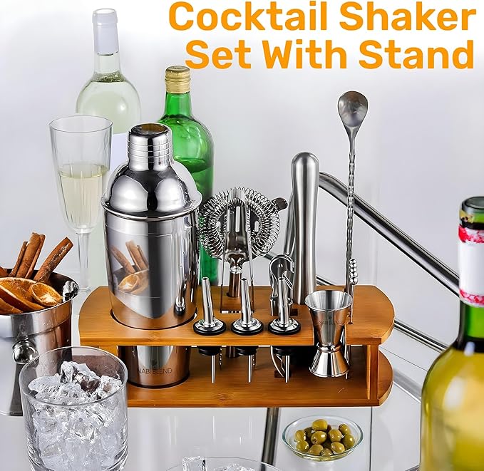 16 Piece Bartender Kit with Bamboo Stand | Cocktail Shaker Set Essential Bar Tools Wine Shaker Ice Filter Mixing Spoon Jigger Wine Dispenser
