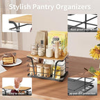 Pantry Organizers and Storage - Stackable Wire Basket with Lightweight PP Mat & Bamboo Top for Fruits Vegetables,Fruit Holder for Kitchen Countertop,Black