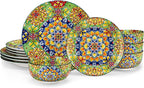 vancasso 12 Pieces Dinnerware Sets, Green Plates and Bowls Set, Porcelain Dishes Set for 4, Microwave and Dishwasher Safe, Scratch Resistant, Bohemian Style Dining Ware Service for 4, Series SIMI
