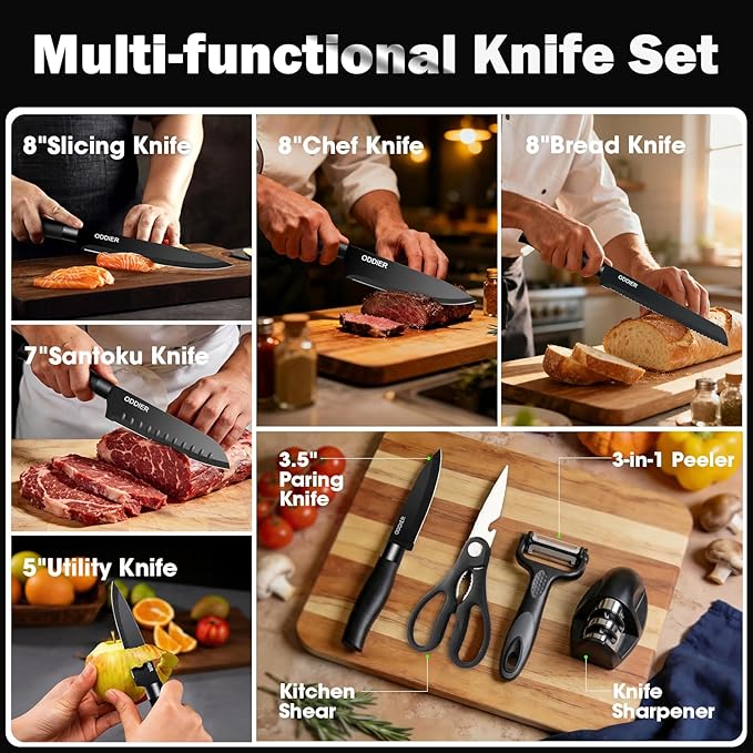 Knife Set, 10 Piece Kitchen Knife Set, Stainless Steel Knives Set for Kitchen, Universal Knife Block Set, Kitchen Kinfe Essentials, New Home Apartment Essentials, Dishwasher Safe (Black)