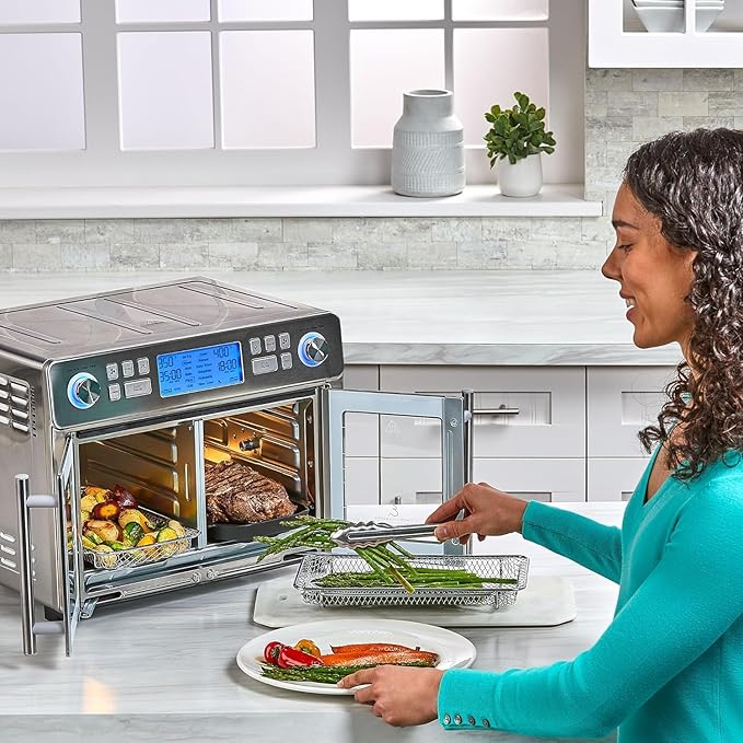 Emeril Lagasse Dual Zone 360 Air Fryer Oven Combo with French Door, 25 QT Extra Large, Cook Two Foods in Different Ways, Up to 60% Faster from Frozen to Finish, Pizza Stone Accessory