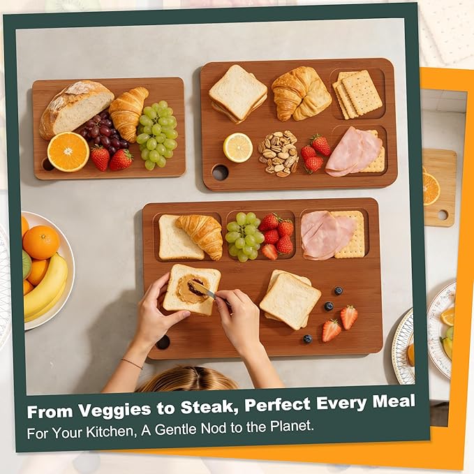 Bamboo Cutting Boards for Kitchen, 3-Piece Set with Juice Grooves, Side Handles & Non-Slip Mats – Durable Bamboo Chopping Board for Meat, Vegetables and Fruits Ideal Kitchen Gifts