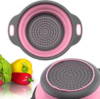Pink Round Silicone Colander Collapsible – Foldable Kitchen Strainer Small Collapsible Colander Pink with Plastic Handles for Draining Vegetable and Fruit Round Silicone Kitchen Strainer for Pasta
