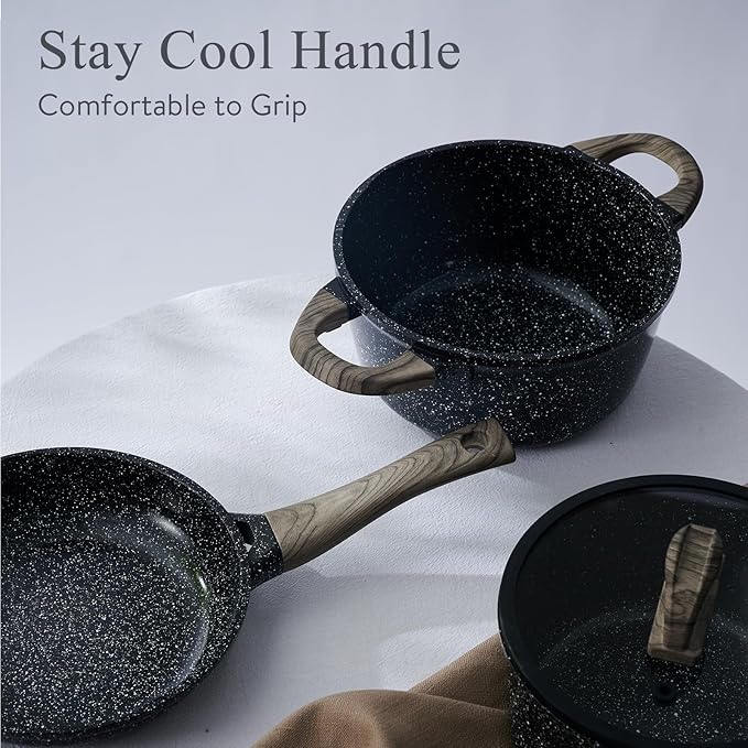 Pots and Pans Set Non Stick Non-Toxic 22 Pcs Ceramic Cookware Sets Nonstick Kitchen Pot&Pan With Lid Black Granite Induction Compatible with Glass Lids Crepe Frying Pan PFOA/PFOS-Free