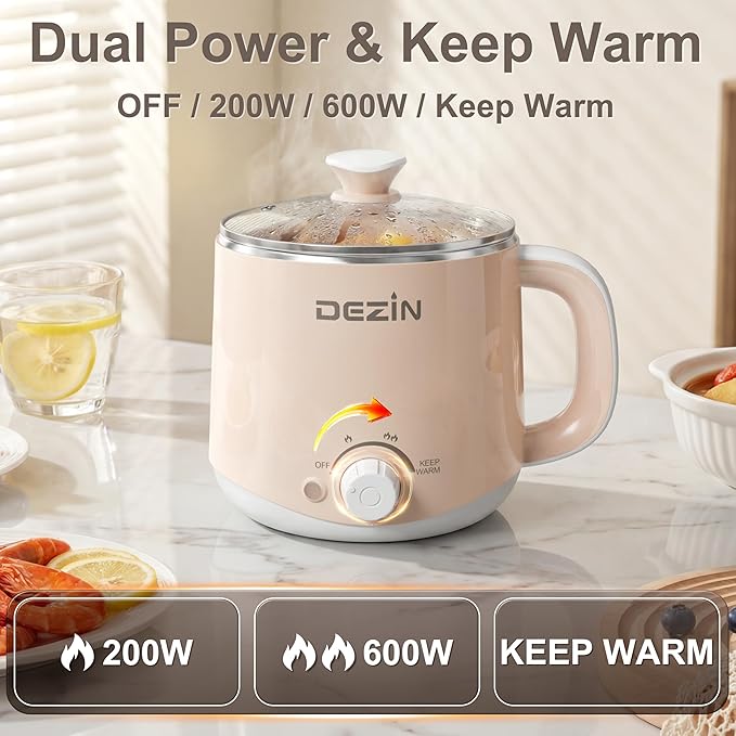 Dezin Hot Pot Electric with Steamer, Rapid Noodles Cooker, Stainless Steel Electric Pot 1.6 Liter, Perfect for Ramen, Egg, Dumpling, Soup, Oatmeal with Temperature Control and Keep Warm Function