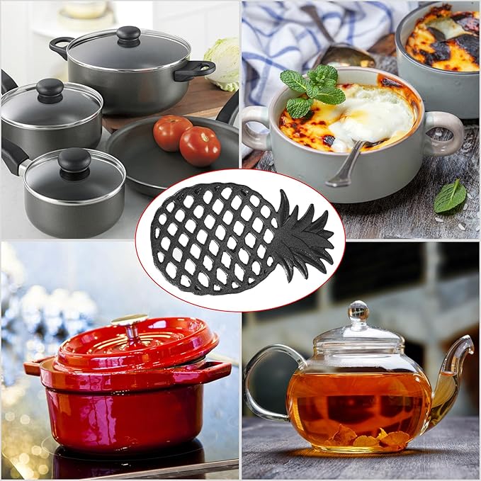 Sumnacon 2 Pack Cast Iron Trivets for Hot Dishes, Pots and Pans - Decorative Pineapple Trivet with Non-Slip Rubber Pegs Rustic Metal Pot Holders for Kitchen Countertop Dining Table Home Decor, Black