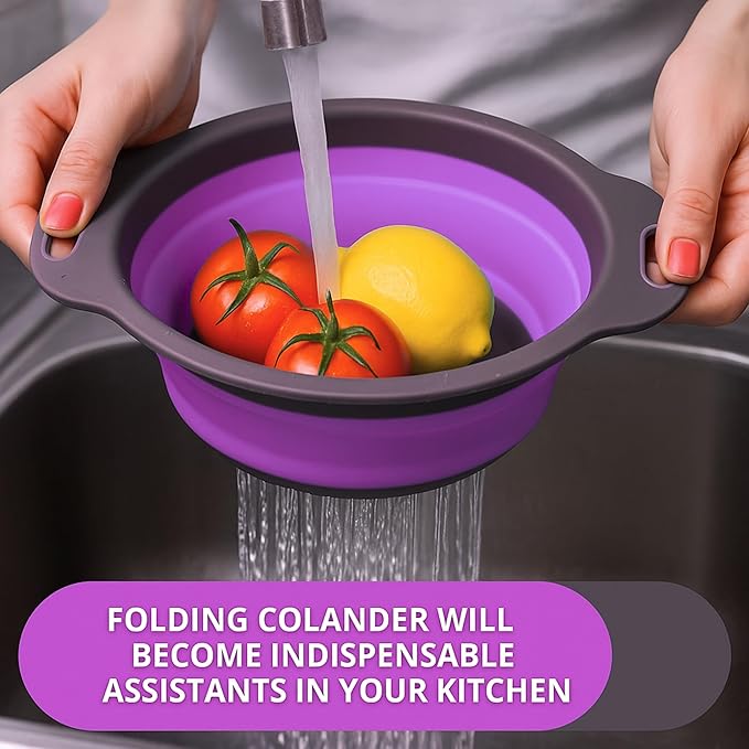 Black and Purple Food Strainer for Kitchen - Small Silicone Colander with Handle for Camping Multifunctional Strainer for Spaghetti and Pasta