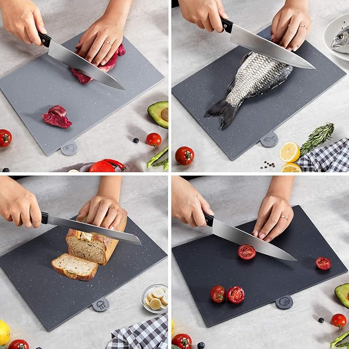 Masthome Index Chopping Board Set, 4-Pieces Plastic Cutting Boards with Food Icons and Storage Stand, BPA Free, Dishwasher Safe, Professional Chopping Board Set for Kitchen