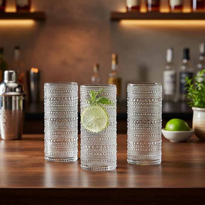 Glaver's Highball Drinking Glasses, 10.82 oz Sleek Hobnail Textured Glassware Modern Tall Tumblers set of 4 Iced Coffee Glasses, Highball Cocktail Set, Dishwasher Safe, Housewarming Gift Set
