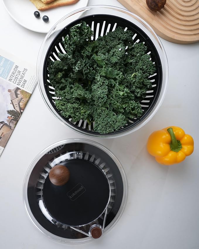 Salad Spinner, 5.3 Qt Large Lettuce & Vegetable Cleaner with Non-Slip Bottom, Quick Stop Button, Dishwasher Safe Fruit Washer, BPA-free, Black