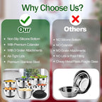 DUTZUN Mixing Bowls with Lids Set - 16pcs Stainless Steel Mixing Bowl Set with Colander, 3 Grater Attachments, Non-Slip Bottom, Metal Nesting Bowls with Strainer for Mixing & Serving - Black