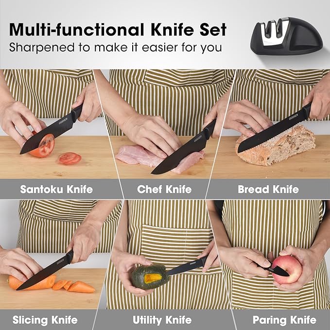Knife Set, 10 Piece Kitchen Knife Set with Block and Sharpener, Anti-Rust Stainless Steel Knives Set for Kitchen, Chef Universal Knife Block Set, Dishwasher Safe, Ergonomical Design, White