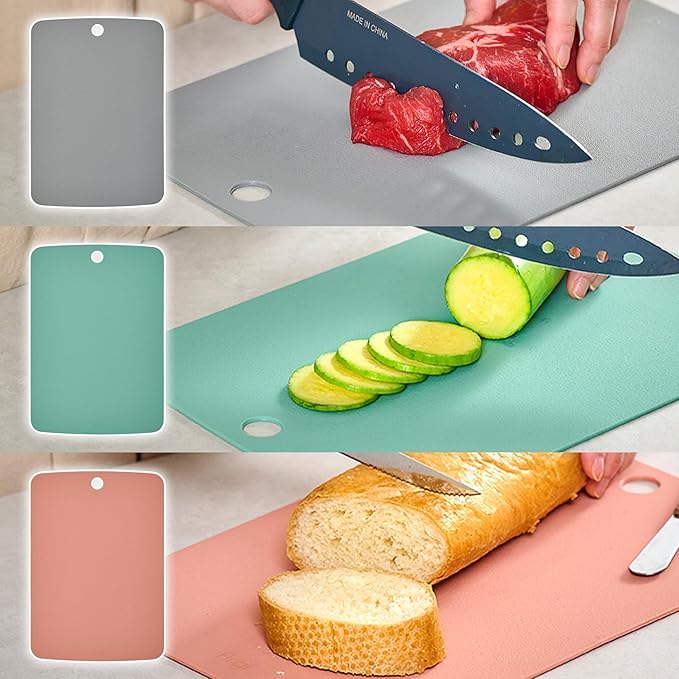 TPU Cutting Board Set of 3 9"x12" - Flexible Cutting Mats for Kitchen Knife Friendly, Cutting Mat Non-Slip Chopping Board Double Sided Scratch Resistant Food Grade Coral Mint Gray
