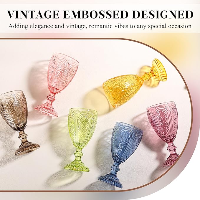 Colored Vintage Wine Glasses Set of 6 – 10.5 Ounces Colored Glass Water Goblets, drinking glasses for Mothers Day, Wedding, Holiday, or Fancy Glassware for everyday