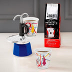 Bialetti - Mini Express Kandinsky: Moka Set includes Coffee Maker 2-Cups (2.8 Oz) + 2 shot glasses, Light Blue, Aluminum