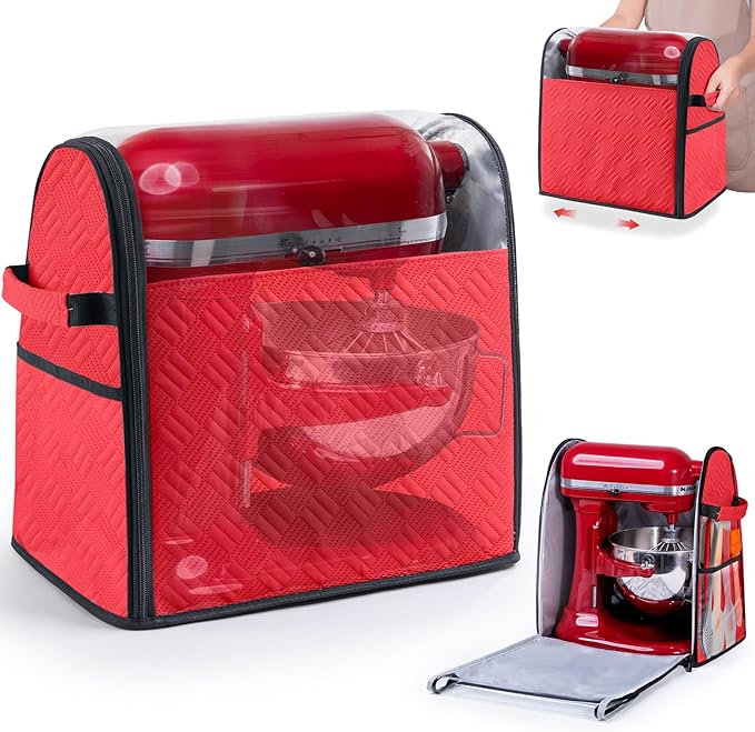 BAGSPRITE Full Open Stand Mixer Cover with Slider Base Compatible with KitchenAid 4.5/5 Qt Bowl-Lift Mixers – Dustproof Quilted Kitchen Aid Mixer Cover with Pockets for Accessories & Attachments