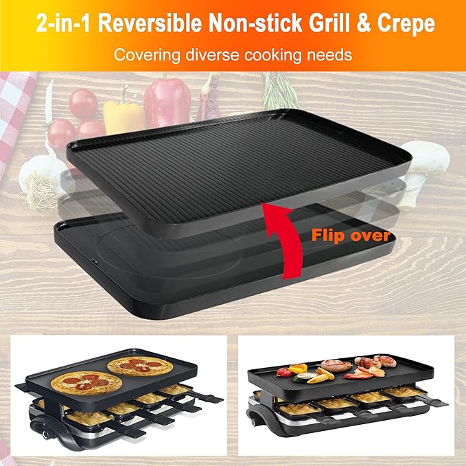 TAMARIT Classic 8 Person Raclette Grill 1500W Electric Tabletop Griddle with Reversible Plate, 8 Non-Stick Cheese Trays and Spatulas Indoor Portable Korean BBQ Barbecue Party Grill Black