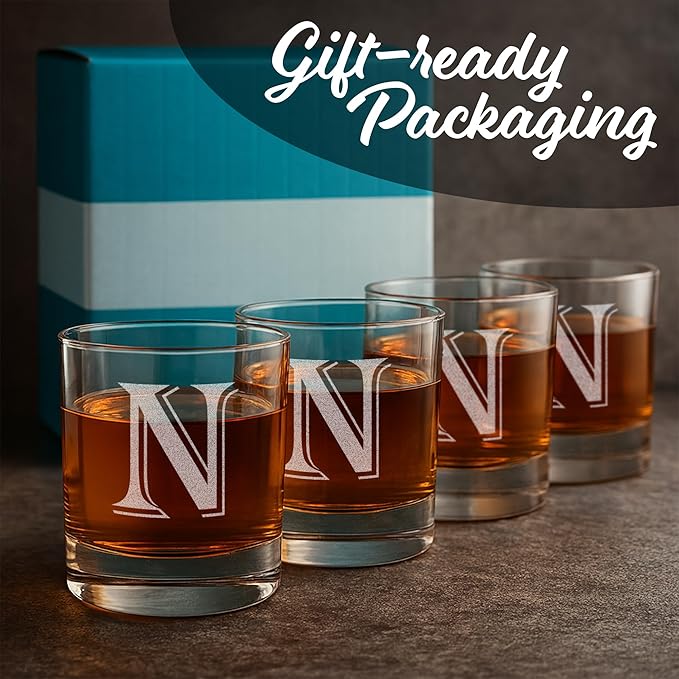 Monogrammed Gifts for Men - 4PC 11 Oz Custom Whiskey Glasses (N-Monogram) - Engraved Whiskey Glasses - Personalized Whiskey Glasses - Unique Bourbon Glasses - Personalized Glass Gifts for Dad