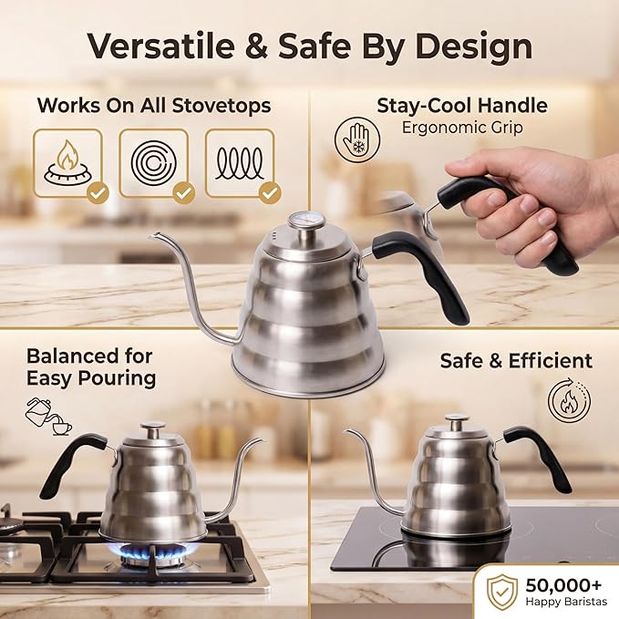 Barista Warrior Gooseneck Kettle with Thermometer - 1.2L Pour Over Coffee & Tea Kettle, 18/8 Stainless Steel Gooseneck Kettle Pot, Precision Pour Drip Spout, Suitable for All-Stoves (40 fl oz)