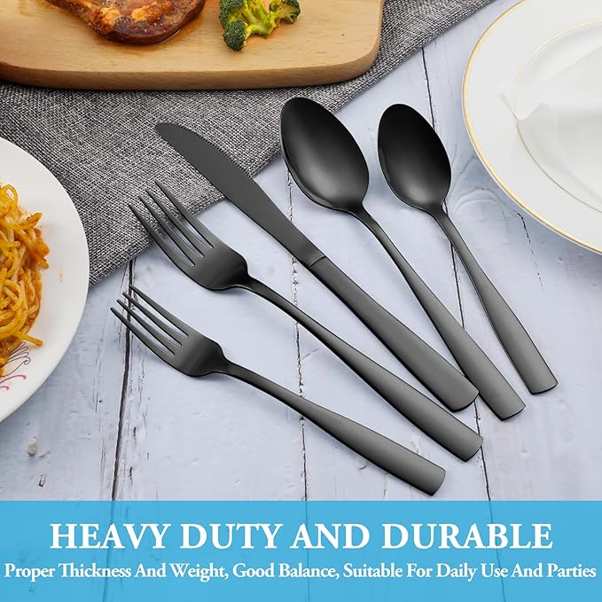30 Pcs Black Silverware Set, Stainless Steel Flatware Set Service for 6, Mirror Polished Cutlery Utensil Set, Durable Home Kitchen Eating Tableware Set, Include Fork Knife Spoon Set, Dishwasher Safe