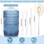 KMIGRUAN Large Hobnail Drinking Glasses Set of 6, 15oz Blue Vintage Glassware, Embossed Glass Cups, Water Tumbler, Highball Glasses For Beer, Juice And Various Mixed Drinks