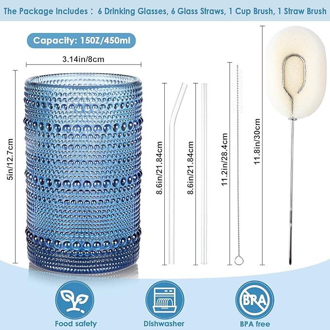 KMIGRUAN Large Hobnail Drinking Glasses Set of 6, 15oz Blue Vintage Glassware, Embossed Glass Cups, Water Tumbler, Highball Glasses For Beer, Juice And Various Mixed Drinks