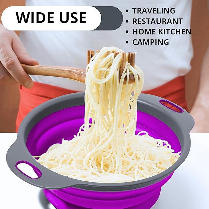 Black and Purple Food Strainer for Kitchen - Small Silicone Colander with Handle for Camping Multifunctional Strainer for Spaghetti and Pasta