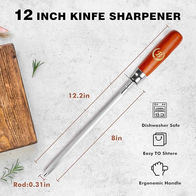 Knife Sharpener Rod, Kitchen Knives Sharpener Carbon Steel Professional Knife Sharpening Steel, Honing Rod with Hanging Holes (13 inches), B