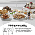 Hamilton Beach Classic Stand and Hand Mixer, 4 Quarts, 6 Speeds with QuickBurst, Bowl Rest, 290 Watts Peak Power, Black and Stainless