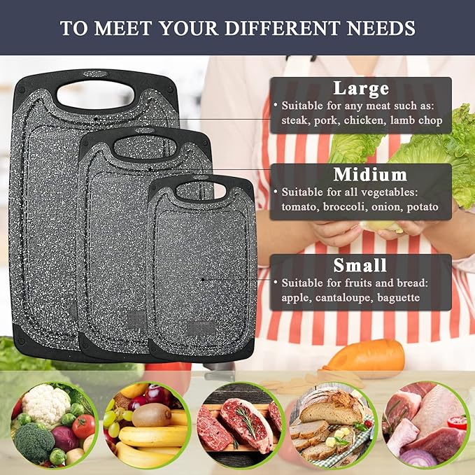 Plastic Cutting Board, 3 Pieces Dishwasher Safe Cutting Boards with Juice Grooves, Easy Grip Handle, Non-Slip, with Grinding Area for Grinding Garlic and Ginger（Dark Grey, XL）