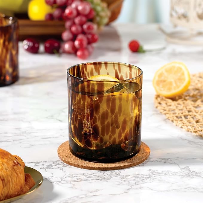 Joseph Sedgh Collection Tortoise Shell DOF Lowball Glass Set of 4 – 10.15 oz Borosilicate Whiskey & Cocktail Glasses – Stylish, Lead-Free, Dishwasher Safe – Gift Box Included