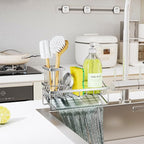 SWTYMIKI Sink Caddy Sponge Holder - Kitchen Sink Organizer with Stainless Steel Self Drain Tray & High Brush Holder for Countertop to Hold Dish Soaps and Sponges, Stainless Steel, Silver