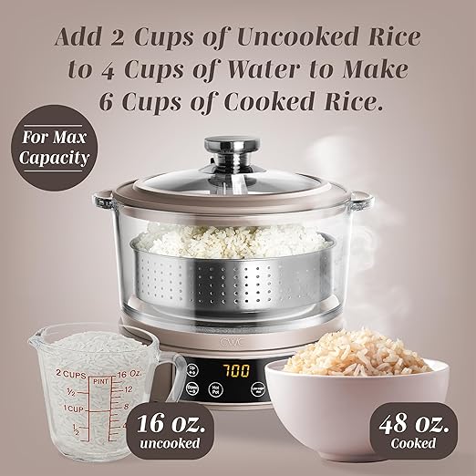 COOK WITH COLOR 3L Glass Mini Low Carb Rice Cooker – Holds 2 Cups Raw/Makes 6 Cups Cooked with Auto Lift Filter Basket, Hotpot & Steamer for Rice, Grains, Digital Panel with Keep Warm, Goat/Mink