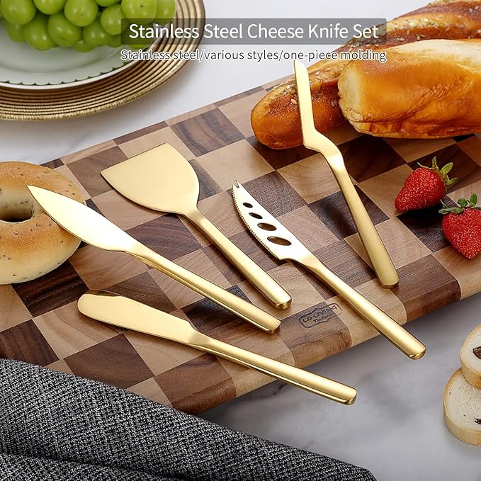 Berglander Gold Cheese Knife Set of 5 for All Types of Cheese, Golden Titanium Plating Cheese Cutter Slicer Ergonomic Design for Confortable Grip and Cut, Butter Spreader Knife