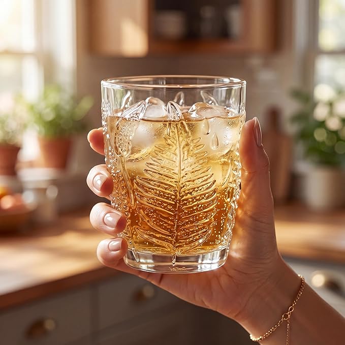 Vintage Drinking Glasses Set of 4, 10 oz Hand-Pressed Clear Glass Cups, Fern Embossed Retro Glassware, Textured Tumblers for Water, Cocktails & Juice, Decorative Kitchen Drinkware, Unique Boho Gift