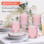 Qinyoung 24 Plastic Vintage Drinking Glasses 8.5oz Stemless Retro Embossed Wine Glasses Shatterproof Reusable Cups for Baby Shower Wedding Reception Grand Event Party (Pink)