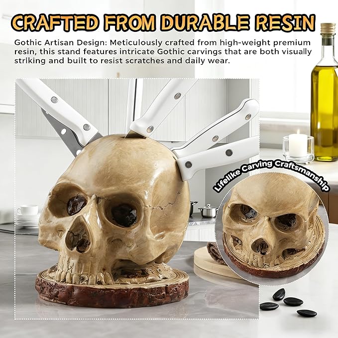 Life Size Skull Knife Block Holder - Hand Painted Resin Skull with 6 Slots for Kitchen Knives & Fruit, Horror Goth Kitchen Decor, Scary Party Display and Countertop Storage