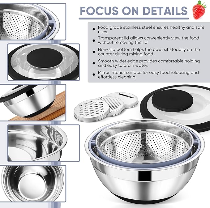 TeamFar 4-1 Colander with Bowl Set, Rotatable Colander for Kitchen, Stainless Steel Food Strainers and Colanders Mixing Bowl with Graters, for Veggies Fruits Washing, Pasta Straining - Black