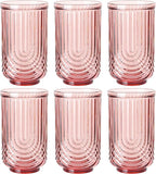 JOVGANK Pink Vintage Glassware Set of 6-17Oz Pink Water Drinking Glass, Art Deco Ripple Highball Glass, Whiskey Cocktail Glasses, for Bar Ice Coffee Juice, Housewarming Gifts and Mother's Day Gift