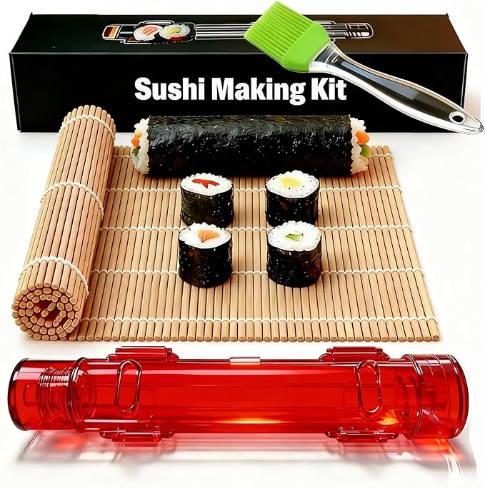 Sushi Making Kit – Clear Sushi Bazooka Roller & Bamboo Sushi Rolling Mat, Easy DIY Sushi Maker Tool Set for Beginners, Homemade Sushi Rolls for Kitchen & Party (Clear Red)